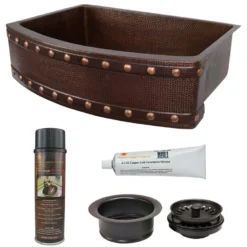 Premier Copper Products 30" Hammered Copper Kitchen Rounded Apron Single Basin Farmhouse Sink with Barrel Strap Design with Matching Drains, and Accessories, Oil Rubbed Bronze, KSP3_KASRDB30249BS