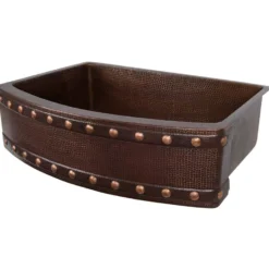 Premier Copper Products 30" Hammered Copper Kitchen Rounded Apron Single Basin Farmhouse Sink with Barrel Strap Design with Matching Drains, and Accessories, Oil Rubbed Bronze, KSP3_KASRDB30249BS