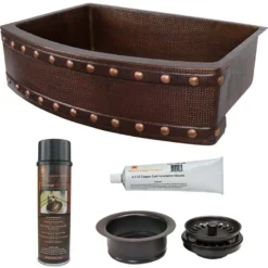 Premier Copper Products 33" Hammered Copper Kitchen Rounded Apron Single Basin Farmhouse Sink with Barrel Strap Design w/ Matching Drain and Accessories, Oil Rubbed Bronze, KSP3_KASRDB33249BS