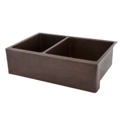 Premier Copper Products 33" Hammered Copper Kitchen Apron 40/60 Double Basin Farmhouse Sink with Matching Drains, and Accessories, Oil Rubbed Bronze, KSP3_KA40DB33229