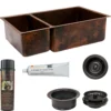 Premier Copper Products 33" Hammered Copper Kitchen 25/75 Double Basin Sink with Matching Drains, and Accessories, Oil Rubbed Bronze, KSP3_K25DB33199