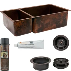 Premier Copper Products 33" Hammered Copper Kitchen 25/75 Double Basin Sink with Matching Drains, and Accessories, Oil Rubbed Bronze, KSP3_K25DB33199