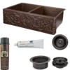 Premier Copper Products 33" Hammered Copper Kitchen Apron 50/50 Double Basin Farmhouse Sink w/ Scroll Design with Matching Drains, and Accessories, Oil Rubbed Bronze, KSP3_KA50DB33229S