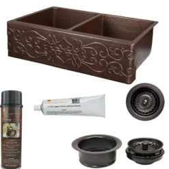 Premier Copper Products 33" Hammered Copper Kitchen Apron 50/50 Double Basin Farmhouse Sink w/ Scroll Design with Matching Drains, and Accessories, Oil Rubbed Bronze, KSP3_KA50DB33229S