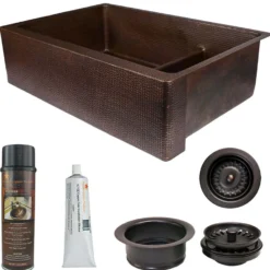 Premier Copper Products 33" Hammered Copper Kitchen Apron 70/30 Double Basin Farmhouse Sink with Short 5" Divider w/ Matching Drains and Accessories, Oil Rubbed Bronze, KSP3_KA70DB33229-SD5