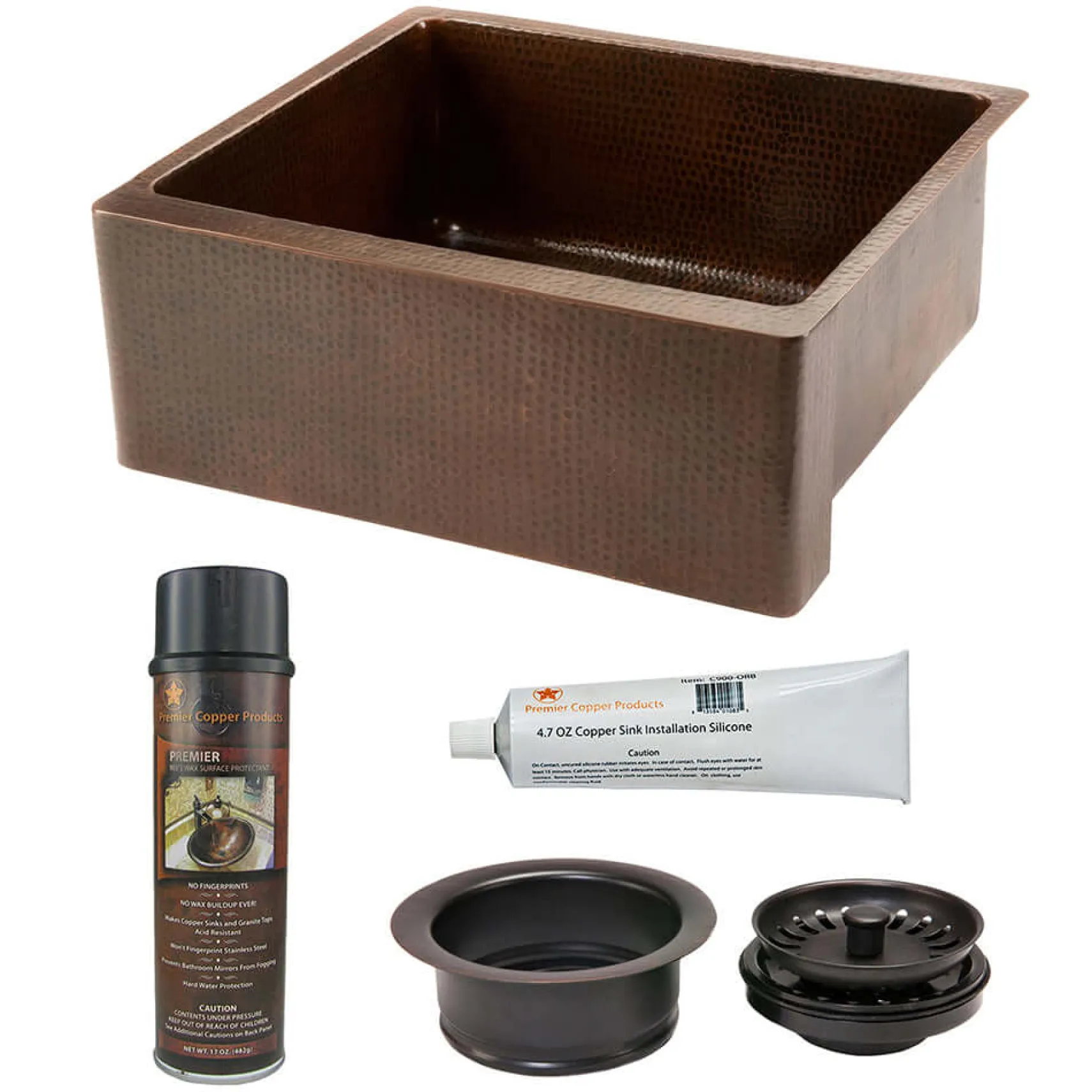 Premier Copper Products 25" Hammered Copper Kitchen Apron Single Basin Farmhouse Sink with Matching Drain and Accessorie, Oil Rubbed Bronze, KSP3_KASDB25229