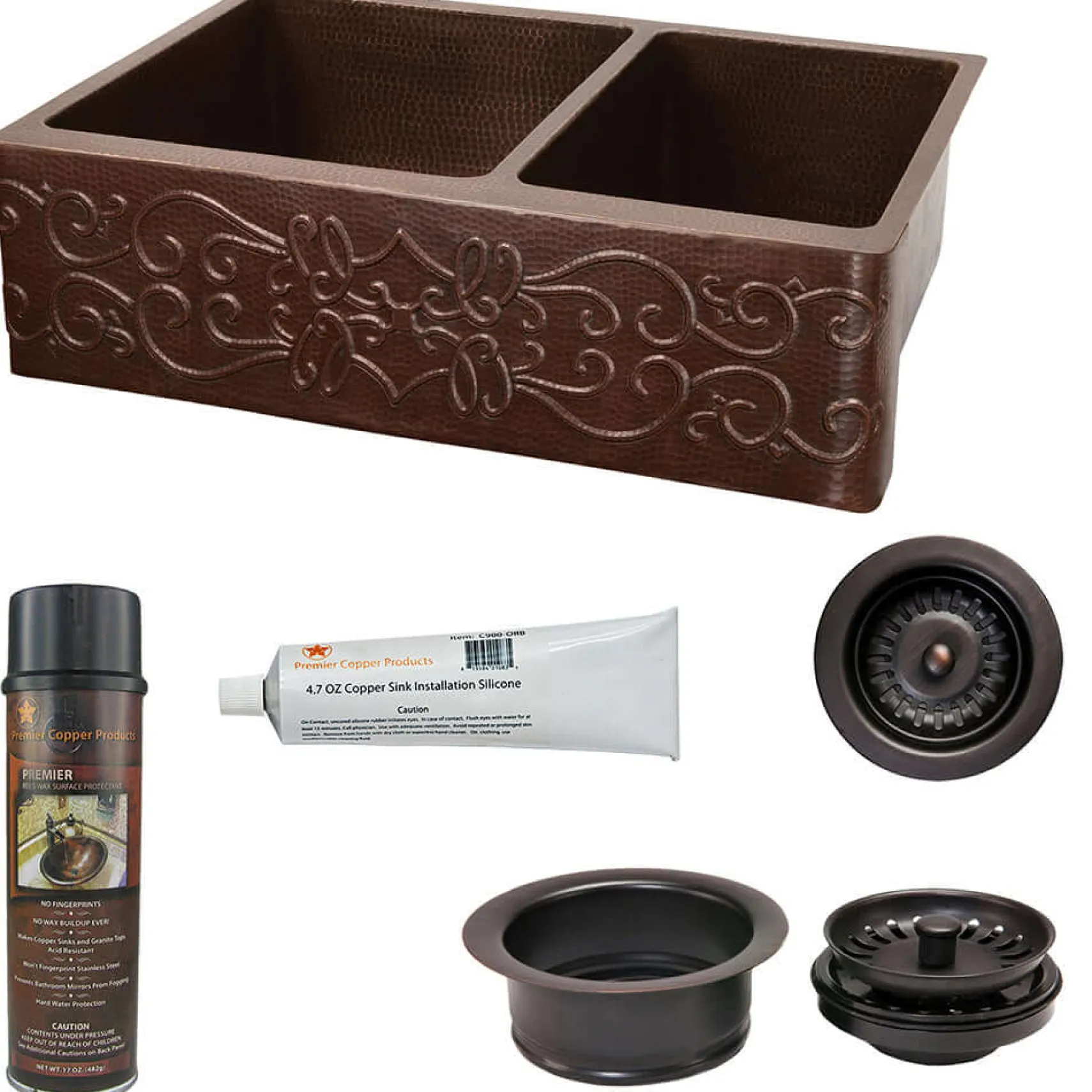 Premier Copper Products 33" Hammered Copper Kitchen Apron 60/40 Double Basin Farmhouse Sink w/ Scroll Design with Matching Drains, and Accessories, Oil Rubbed Bronze, KSP3_KA60DB33229S