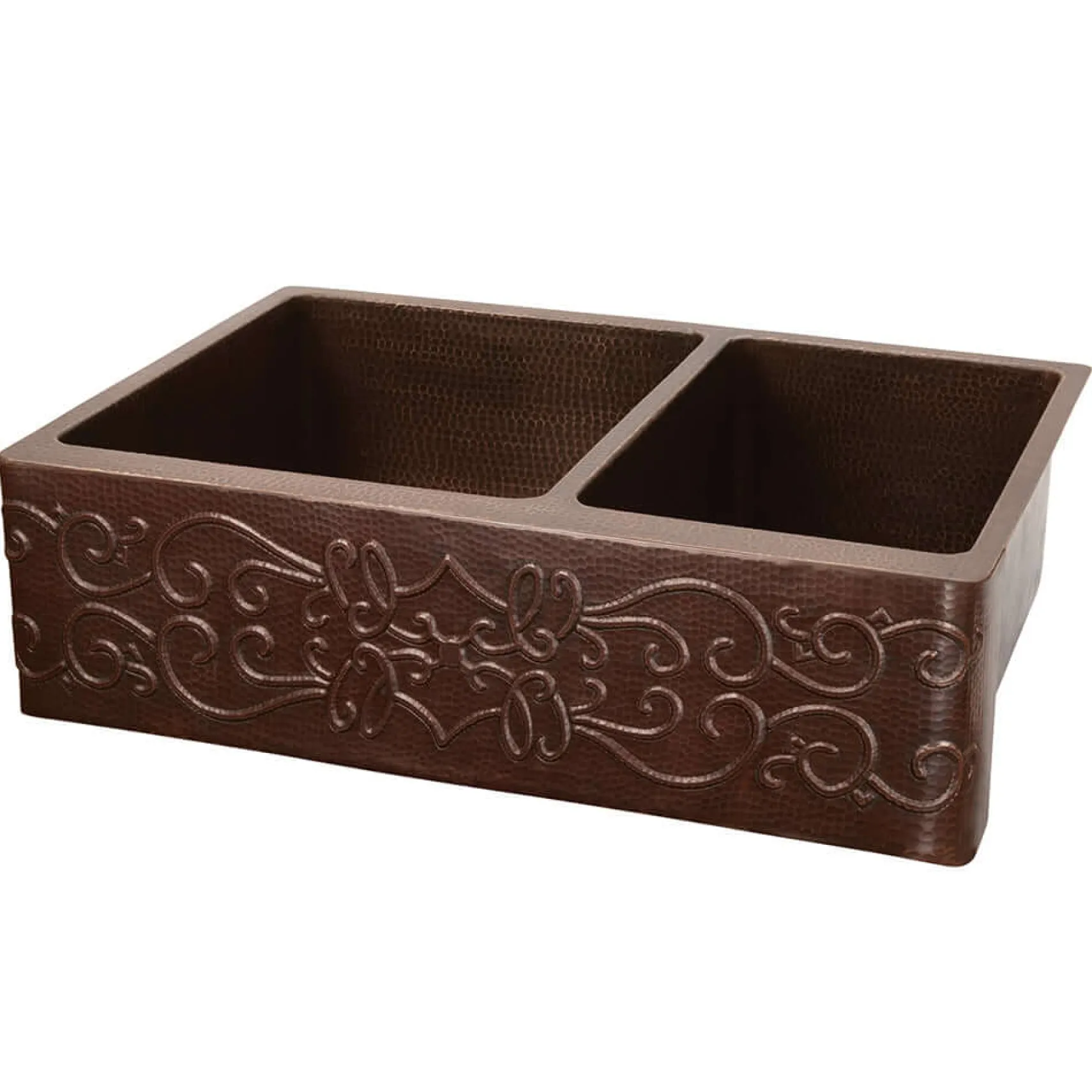 Premier Copper Products 33" Hammered Copper Kitchen Apron 60/40 Double Basin Farmhouse Sink w/ Scroll Design with Matching Drains, and Accessories, Oil Rubbed Bronze, KSP3_KA60DB33229S