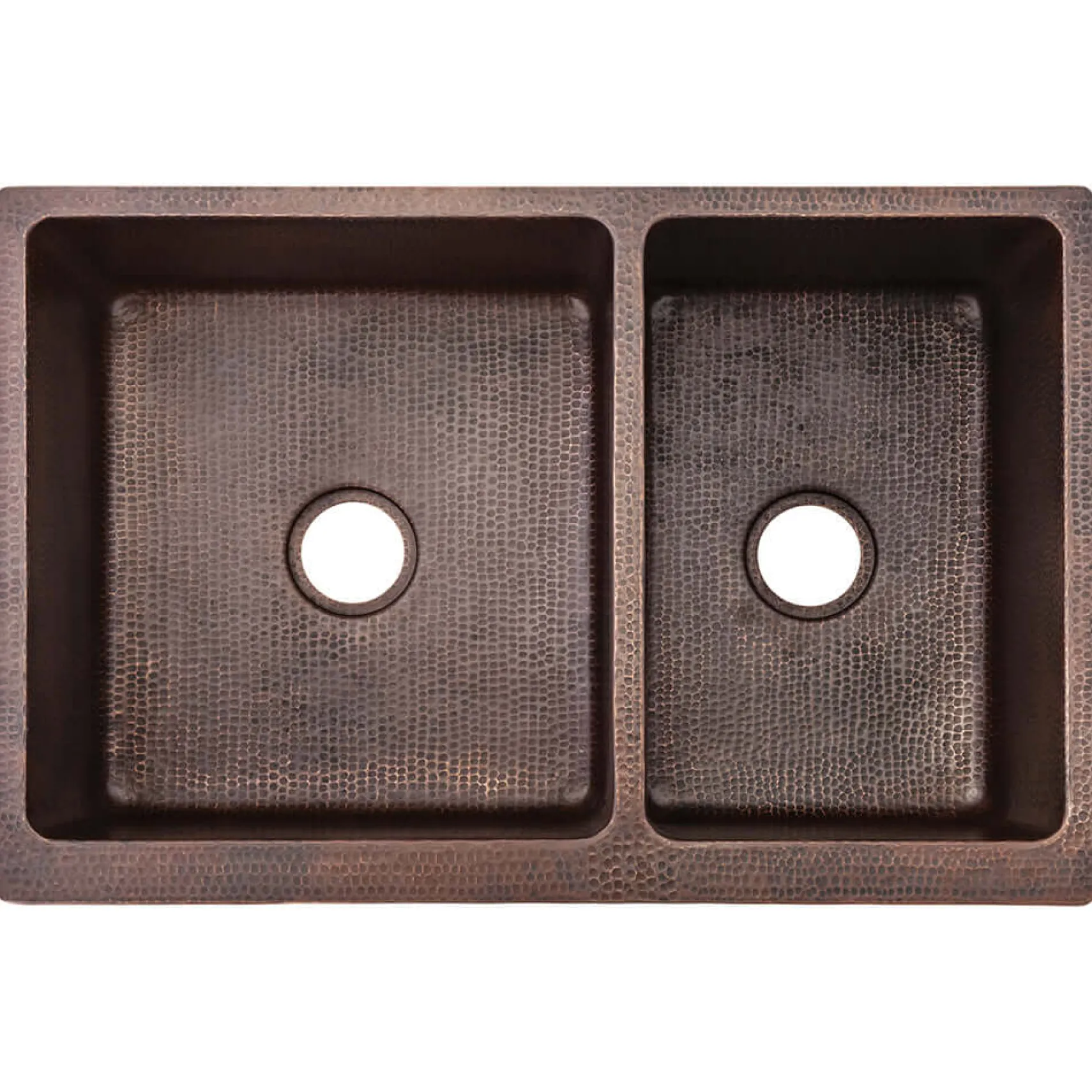 Premier Copper Products 33" Hammered Copper Kitchen Apron 60/40 Double Basin Farmhouse Sink w/ Scroll Design with Matching Drains, and Accessories, Oil Rubbed Bronze, KSP3_KA60DB33229S