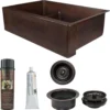 Premier Copper Products 33" Hammered Copper Kitchen Apron 30/70 Double Basin Farmhouse Sink with Short 5" Divider w/ Matching Drains and Accessories, Oil Rubbed Bronze, KSP3_KA30DB33229-SD5