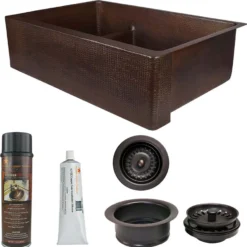 Premier Copper Products 33" Hammered Copper Kitchen Apron 30/70 Double Basin Farmhouse Sink with Short 5" Divider w/ Matching Drains and Accessories, Oil Rubbed Bronze, KSP3_KA30DB33229-SD5