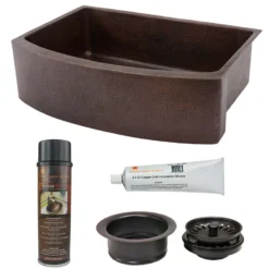 Premier Copper Products 33" Hammered Copper Kitchen Rounded Apron Single Basin Farmhouse Sink with Matching Drain and Accessories, Oil Rubbed Bronze, KSP3_KASRDB33249