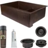 Premier Copper Products 33" Hammered Copper Kitchen Apron 60/40 Double Basin Farmhouse Sink with Short 5" Divider w/ Matching Drains and Accessories, Oil Rubbed Bronze, KSP3_KA60DB33229-SD5