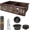 Premier Copper Products 33" Hammered Copper Kitchen Apron 50/50 Double Basin Farmhouse Sink w/ Scroll Design and Apron Front Nickel Background with Matching Drains, and Accessories, Oil Rubbed Bronze and Nickel, KSP3_KA50DB33229S-NB