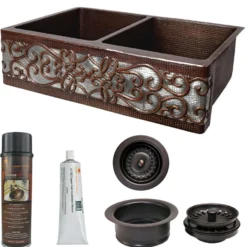 Premier Copper Products 33" Hammered Copper Kitchen Apron 50/50 Double Basin Farmhouse Sink w/ Scroll Design and Apron Front Nickel Background with Matching Drains, and Accessories, Oil Rubbed Bronze and Nickel, KSP3_KA50DB33229S-NB