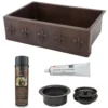 Premier Copper Products 33" Hammered Copper Kitchen Apron Single Basin Farmhouse Sink w/ Fleur De Lis with Matching Drain and Accessories, Oil Rubbed Bronze, KSP3_KASDB33229F