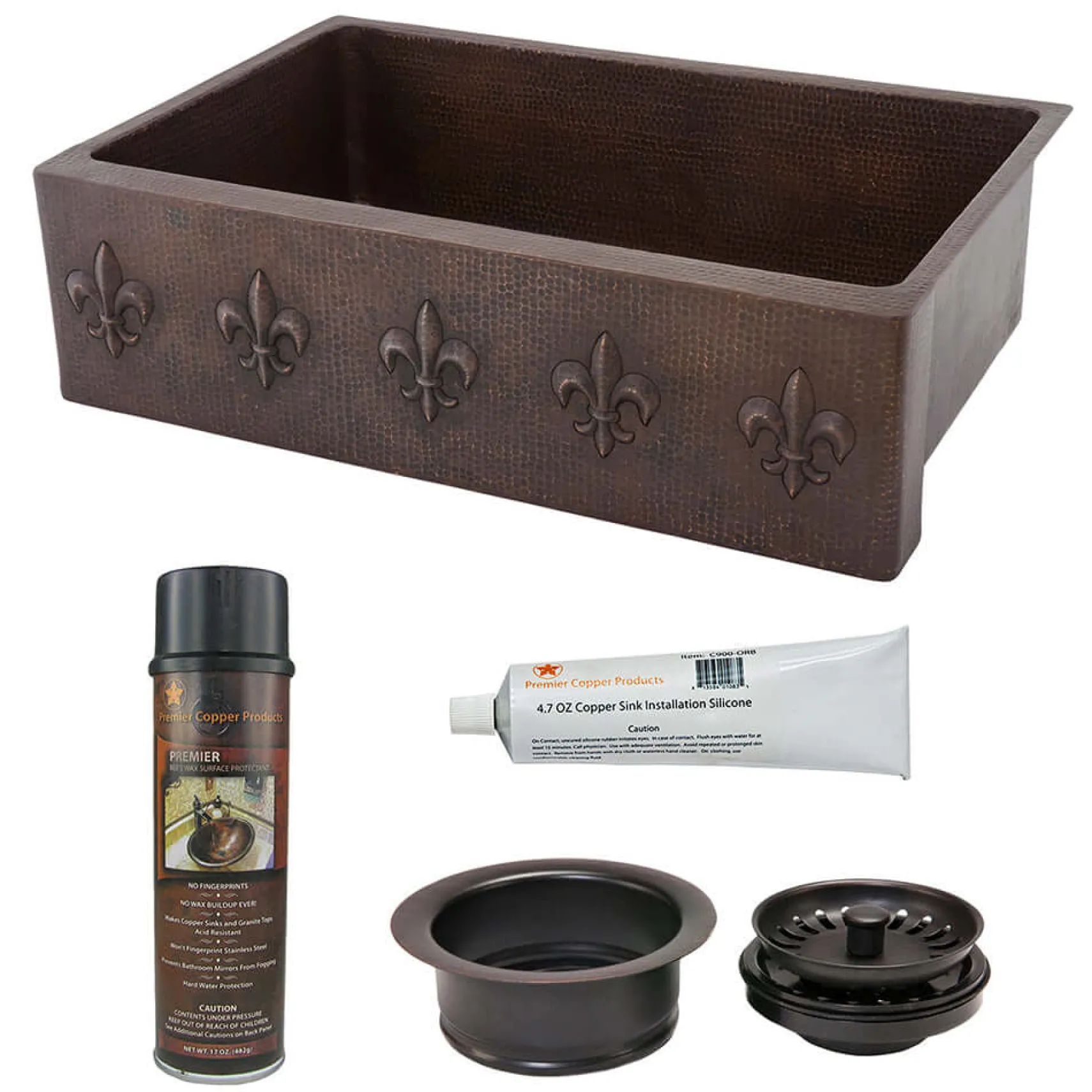 Premier Copper Products 33" Hammered Copper Kitchen Apron Single Basin Farmhouse Sink w/ Fleur De Lis with Matching Drain and Accessories, Oil Rubbed Bronze, KSP3_KASDB33229F