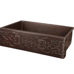Premier Copper Products 33" Hammered Copper Kitchen Apron Single Basin Farmhouse Sink w/ Scroll Design with Matching Drain and Accessories, Oil Rubbed Bronze, KSP3_KASDB33229S