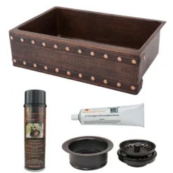 Premier Copper Products 30" Hammered Copper Kitchen Apron Single Basin Farmhouse Sink w/ Barrel Strap Design with Matching Drain and Accessories, Oil Rubbed Bronze, KSP3_KASDB30229BS