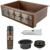 Premier Copper Products 33" Hammered Copper Kitchen Apron Single Basin Farmhouse Sink w/ Fleur De Lis and Apron Front Nickel Background with Matching Drain and Accessories, Oil Rubbed Bronze and Nickel, KSP3_KASDB33229F-NB