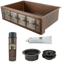 Premier Copper Products 33" Hammered Copper Kitchen Apron Single Basin Farmhouse Sink w/ Fleur De Lis and Apron Front Nickel Background with Matching Drain and Accessories, Oil Rubbed Bronze and Nickel, KSP3_KASDB33229F-NB