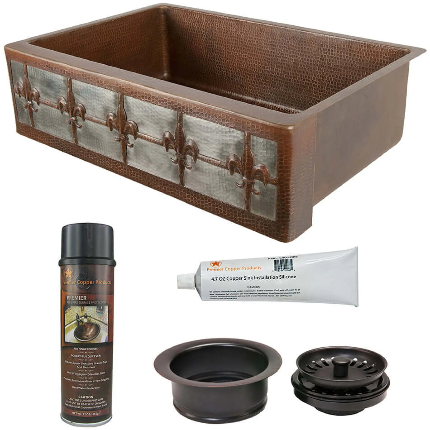 Premier Copper Products 33" Hammered Copper Kitchen Apron Single Basin Farmhouse Sink w/ Fleur De Lis and Apron Front Nickel Background with Matching Drain and Accessories, Oil Rubbed Bronze and Nickel, KSP3_KASDB33229F-NB