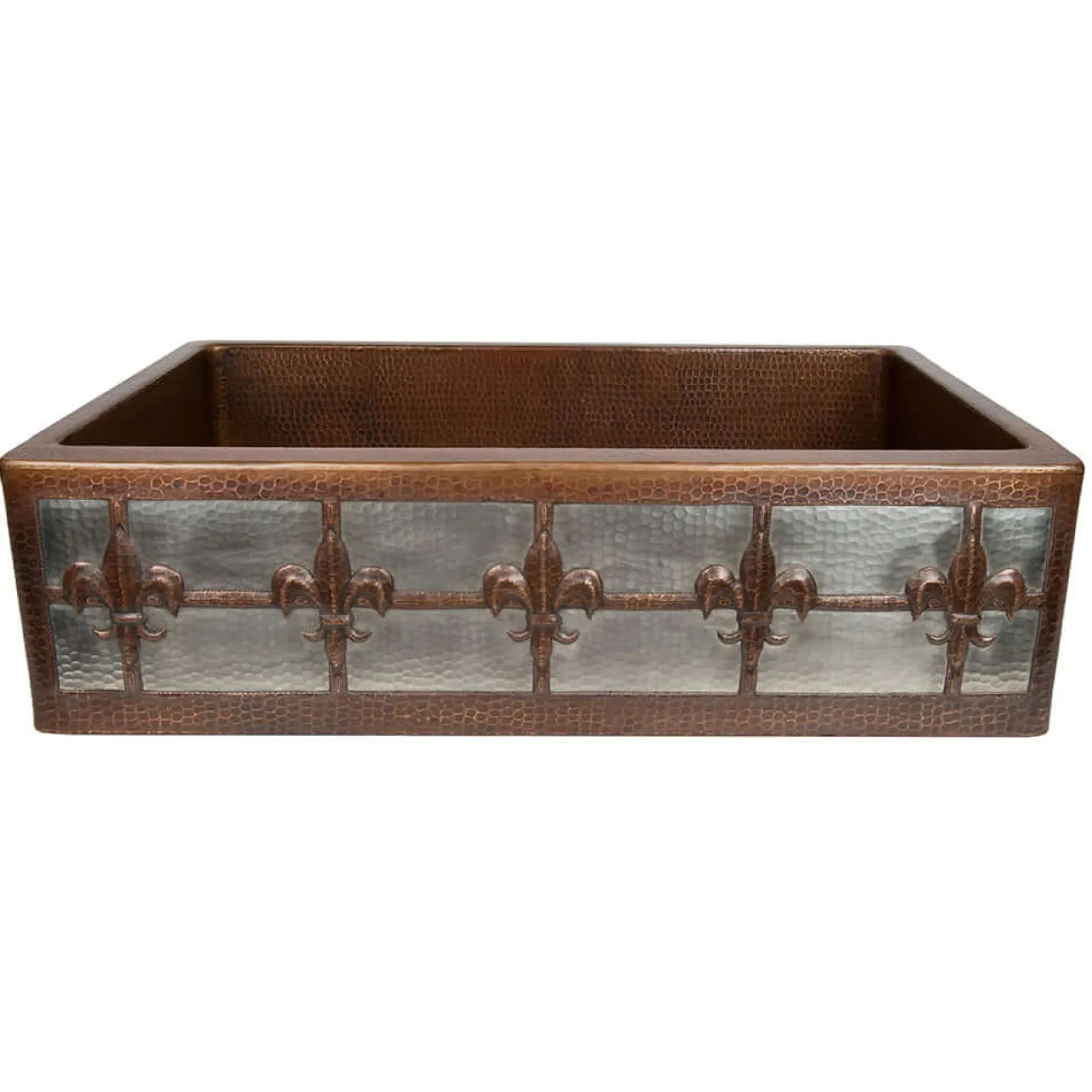 Premier Copper Products 33" Hammered Copper Kitchen Apron Single Basin Farmhouse Sink w/ Fleur De Lis and Apron Front Nickel Background with Matching Drain and Accessories, Oil Rubbed Bronze and Nickel, KSP3_KASDB33229F-NB