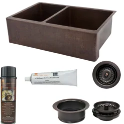 Premier Copper Products 33" Hammered Copper Kitchen Apron 25/75 Double Basin Farmhouse Sink with Matching Drains, and Accessories, Oil Rubbed Bronze, KSP3_KA25DB33229