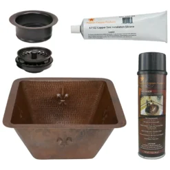 Premier Copper Products 15" Square Fleur De Lis Copper Bar/Prep Sink w/ 3.5" Drain Opening, Matching Drain and Accessories, Oil Rubbed Bronze, BSP5_BS15FDB3-G