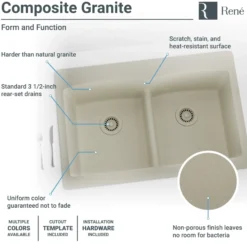 Rene 33" Composite Granite Kitchen Sink, 50/50 Double Bowl, Concrete, R3-2007-CON-ST-CGS