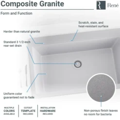 Rene 33" Composite Granite Kitchen Sink, Pewter, R3-2006-PWT-ST-CGF
