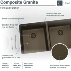 Rene 33" Composite Granite Kitchen Sink, 50/50 Double Bowl, Umber, R3-1002-UMB-ST-CGS