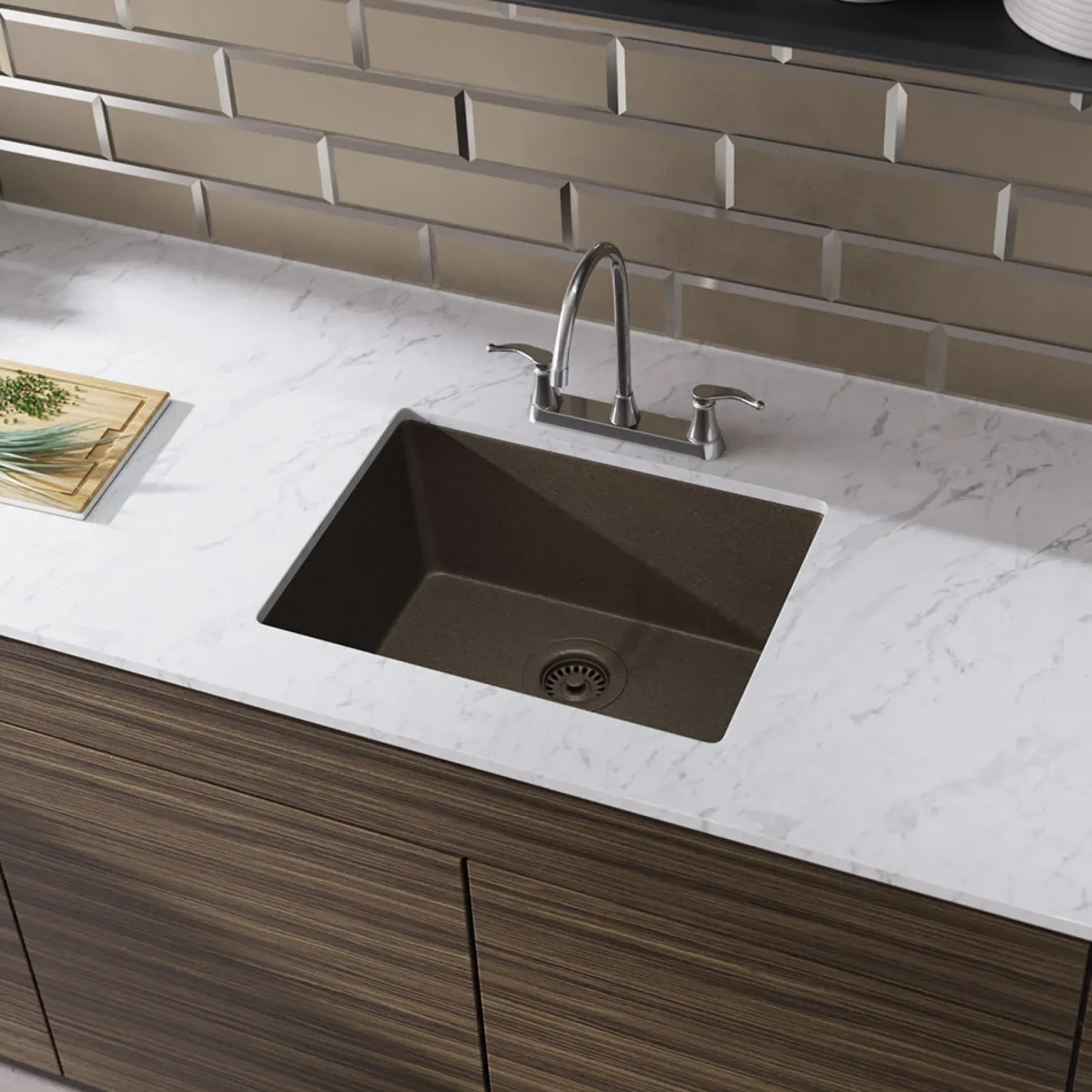 Rene 22" Composite Granite Kitchen Sink, Umber, R3-1004-UMB-ST-CGS