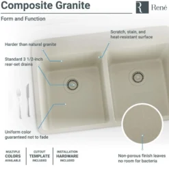 Rene 33" Composite Granite Kitchen Sink, 50/50 Double Bowl, Concrete, R3-2002-CON-ST-CGS