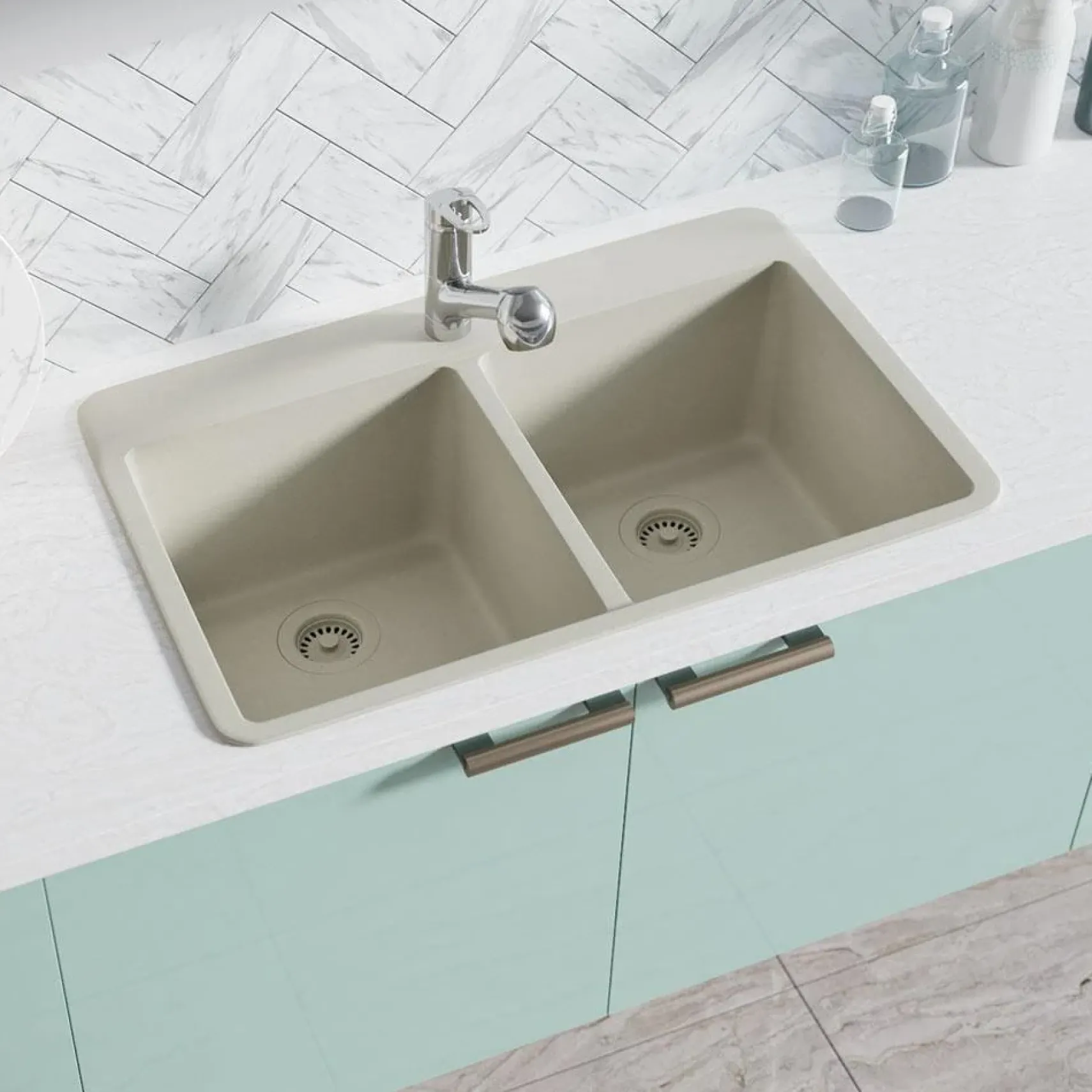 Rene 33" Composite Granite Kitchen Sink, 50/50 Double Bowl, Concrete, R3-2002-CON-ST-CGS