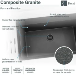 Rene 33" Composite Granite Kitchen Sink, Carbon, R3-2006-CAR-ST-CGS