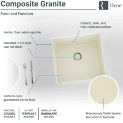 Rene 18" Composite Granite Kitchen Sink, Ecru, R3-1003-ECR-ST-CGS