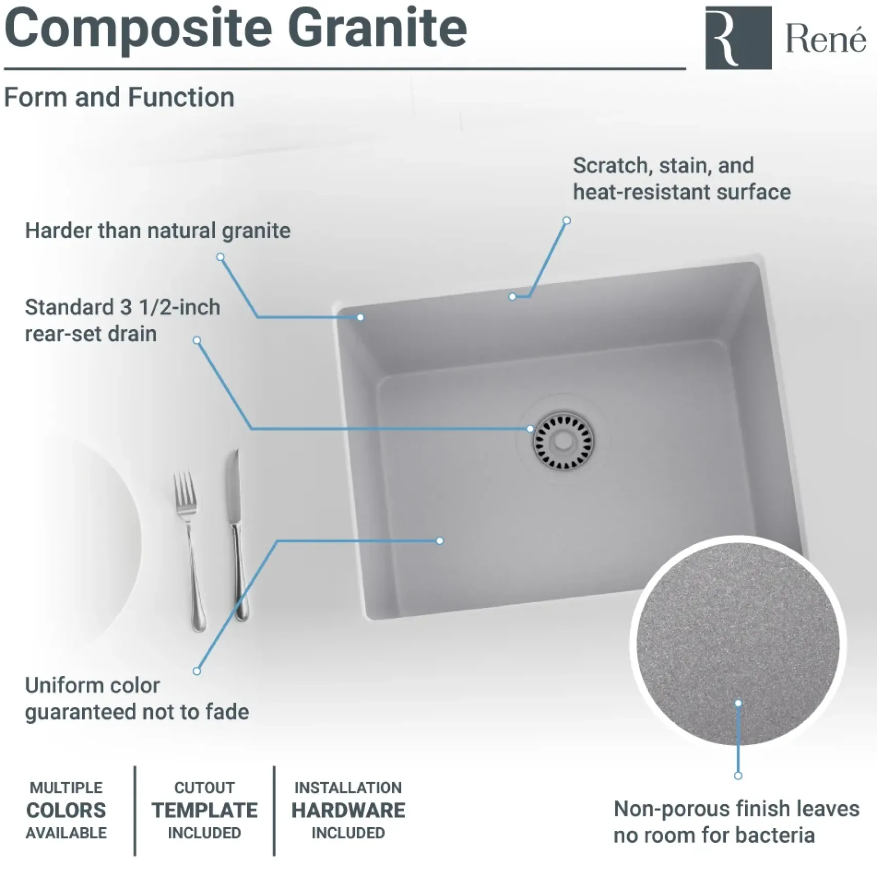 Rene 22" Composite Granite Kitchen Sink, Pewter, R3-1004-PWT-ST-CGF