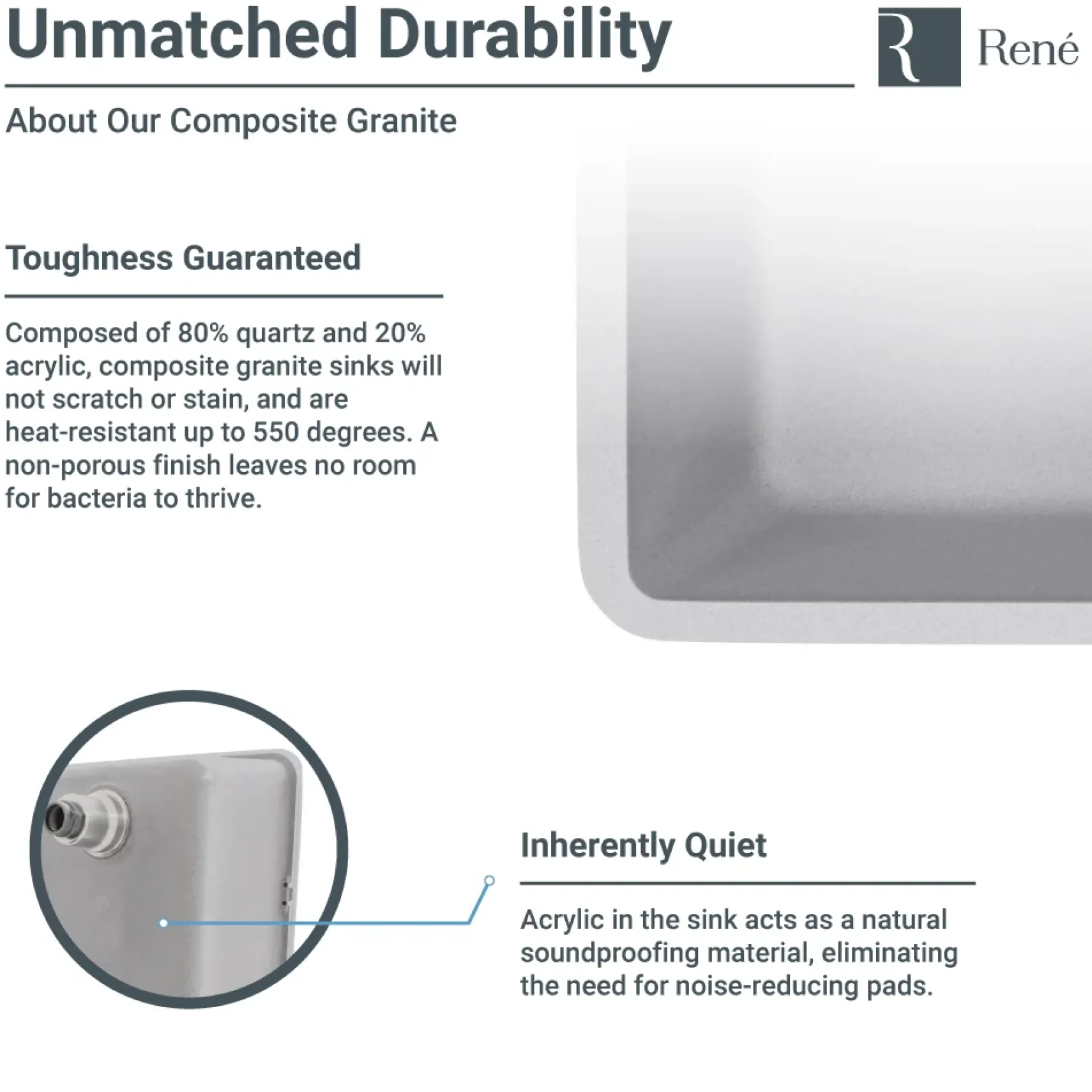 Rene 22" Composite Granite Kitchen Sink, Pewter, R3-1004-PWT-ST-CGF