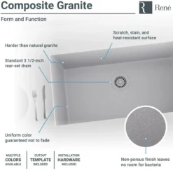 Rene 33" Composite Granite Kitchen Sink, Pewter, R3-1006-PWT-ST-CGS