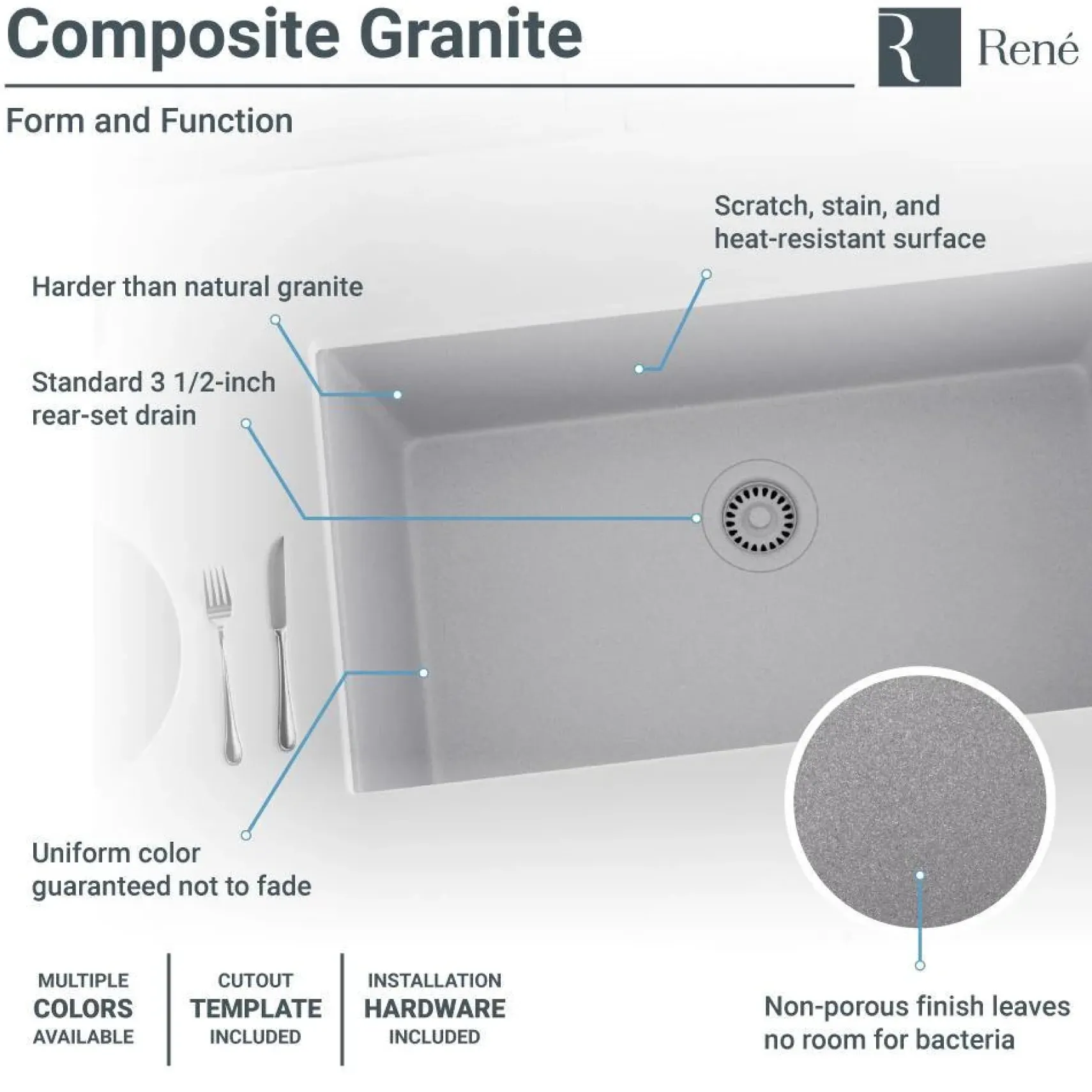 Rene 33" Composite Granite Kitchen Sink, Pewter, R3-1006-PWT-ST-CGS