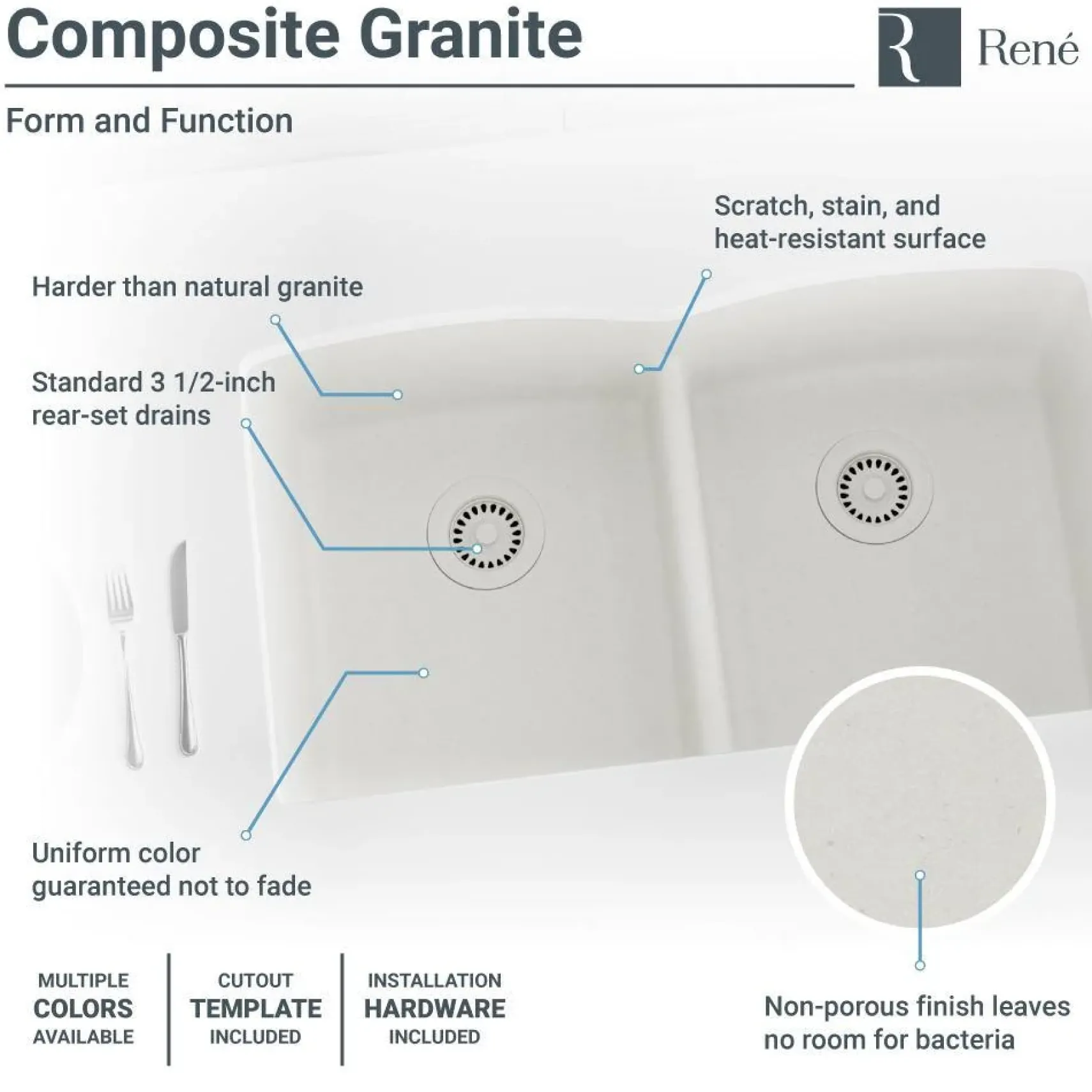 Rene 33" Composite Granite Kitchen Sink, 50/50 Double Bowl, Ivory, R3-1007-IVR-ST-CGS