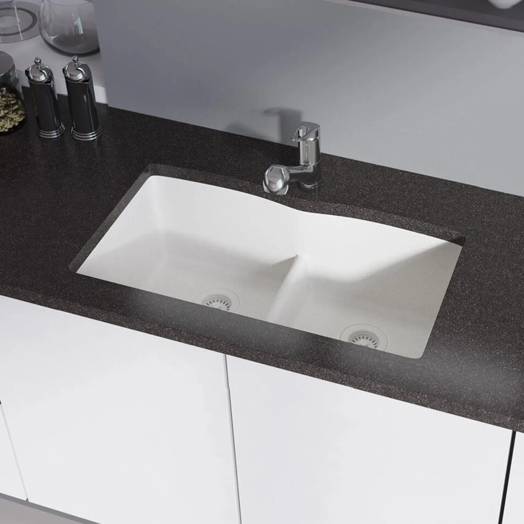 Rene 33" Composite Granite Kitchen Sink, 50/50 Double Bowl, Ivory, R3-1007-IVR-ST-CGS