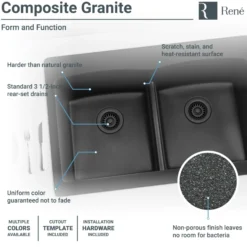 Rene 33" Composite Granite Kitchen Sink, 50/50 Double Bowl, Carbon, R3-2007-CAR-ST-CGF