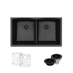 Rene 33" Composite Granite Kitchen Sink, 50/50 Double Bowl, Carbon, R3-1007-CAR-ST-CGF