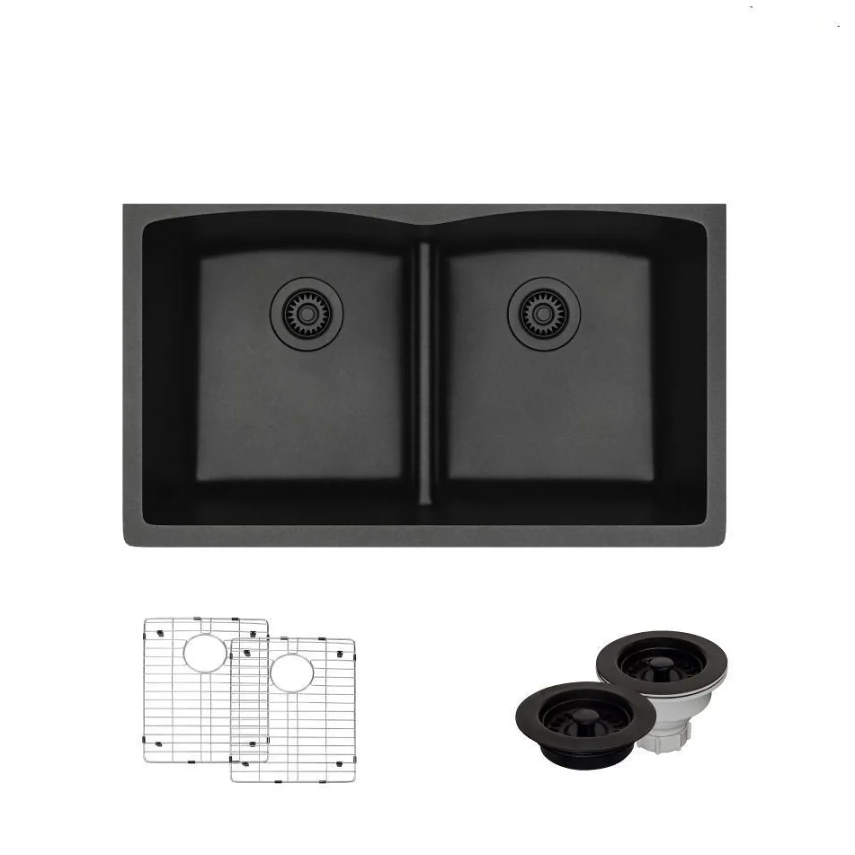 Rene 33" Composite Granite Kitchen Sink, 50/50 Double Bowl, Carbon, R3-1007-CAR-ST-CGF
