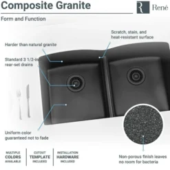 Rene 33" Composite Granite Kitchen Sink, 50/50 Double Bowl, Carbon, R3-1007-CAR-ST-CGF