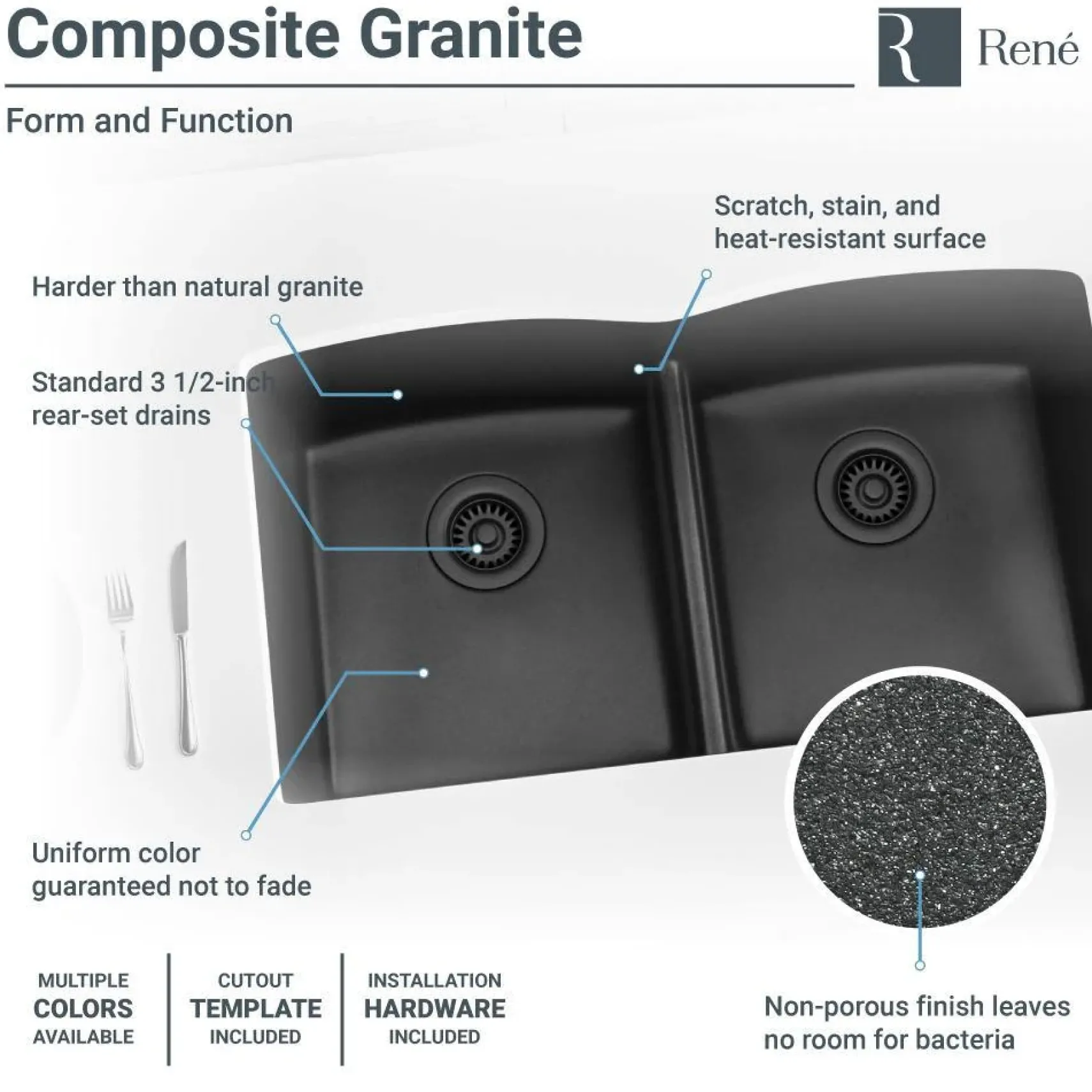 Rene 33" Composite Granite Kitchen Sink, 50/50 Double Bowl, Carbon, R3-1007-CAR-ST-CGF