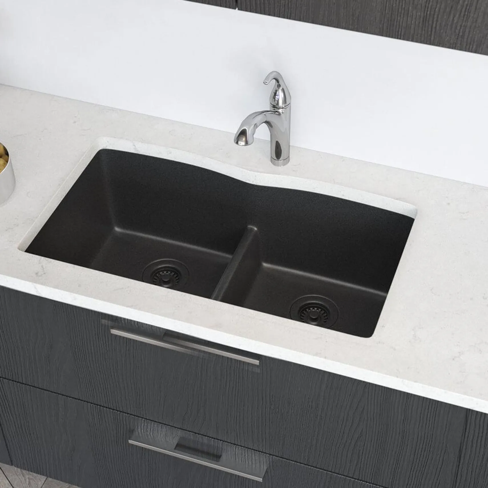 Rene 33" Composite Granite Kitchen Sink, 50/50 Double Bowl, Carbon, R3-1007-CAR-ST-CGF