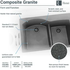 Rene 33" Composite Granite Kitchen Sink, 60/40 Double Bowl, Carbon, R3-2008-CAR-ST-CGS